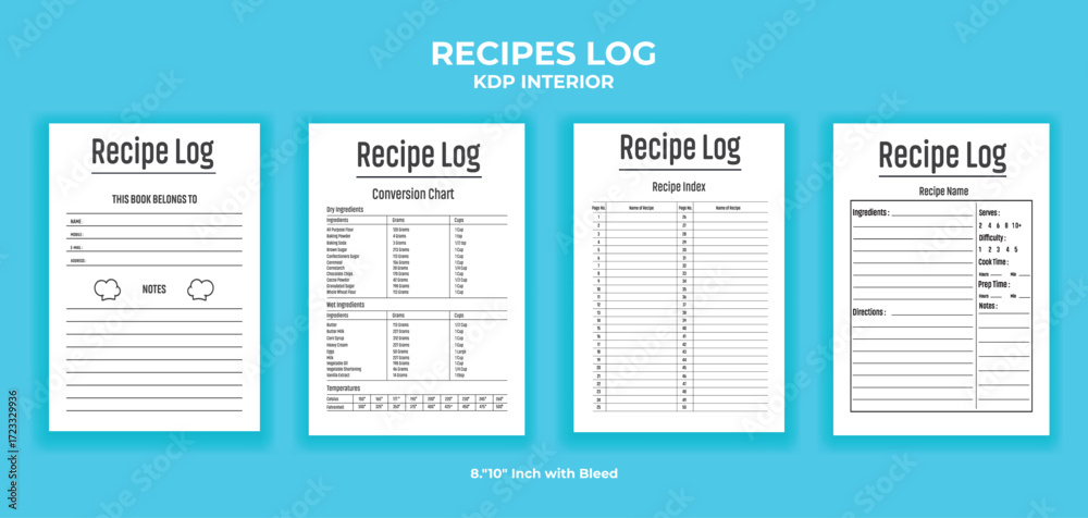 Obraz premium Blank Recipe Book Interior, Editable KDP Template for Food Journal and Cooking Planner