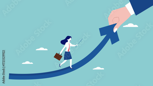 career growth to success concept illustration with businesswoman hand helps pull the arrow to success, career progress to success in work. career development concept vector illustration