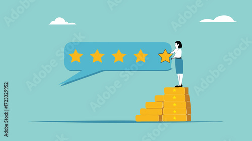 five star rating, businesswoman puts a star to give five star rating, business people placing 5 stars rating flat with flat style, client holding review stars concept