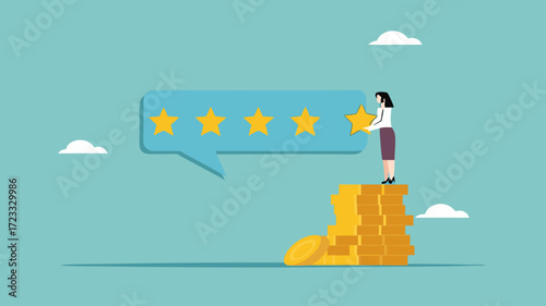 five star rating, businesswoman puts a star to give five star rating, business people placing 5 stars rating flat with flat style, client holding review stars concept