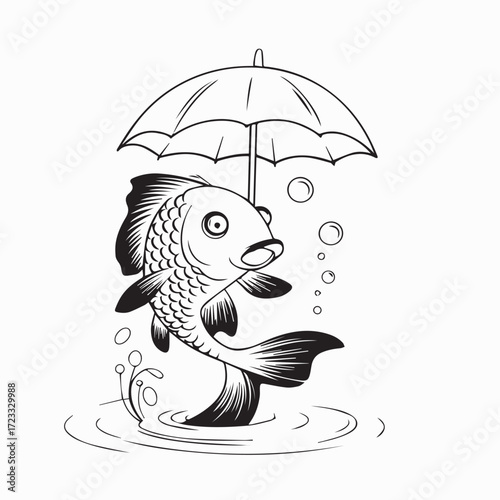 A cartoon illustration of a fish in a black and white umbrella design for a wet autumn season
