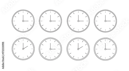 Eight oval clocks displaying different times in a silhouette style