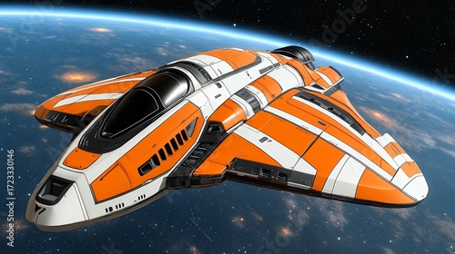 Futuristic Orange and White Spaceship Soaring Above a Planet