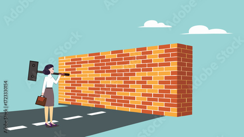 strategy to overcome business obstacles, Determined male employee break brick wall. achievement way for success, businessman breaking the wall with big hammer strive for business achievement