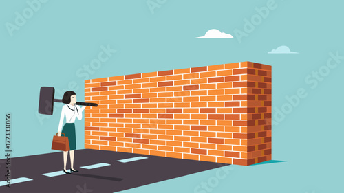 strategy to overcome business obstacles, Determined male employee break brick wall. achievement way for success, businessman breaking the wall with big hammer strive for business achievement
