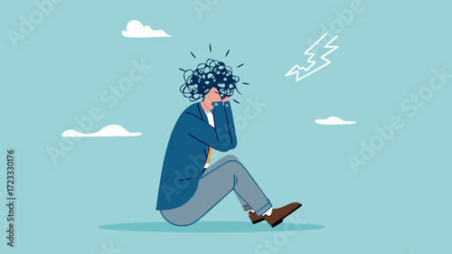 stress or anxiety, overthinking or mental exhaustion or negative emotional, depressed or top much worried, businessman overload to thinking about business with mess head