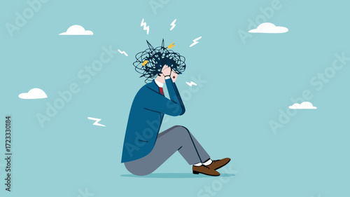 stress or anxiety, overthinking or mental exhaustion or negative emotional, depressed or top much worried, businessman overload to thinking about business with mess head