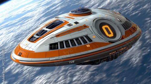 Futuristic Orange and White Spaceship in Earth's Orbit