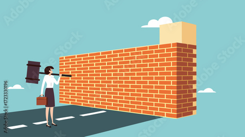 strategy to overcome business obstacles, Determined male employee break brick wall. achievement way for success, businessman breaking the wall with big hammer strive for business achievement