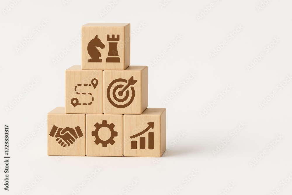 Obraz premium Wooden Blocks with Business Symbols in an Organized Stack on a Light Background