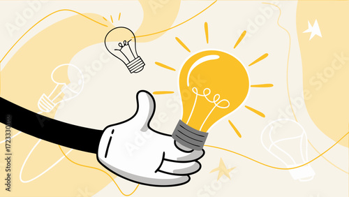 creative idea for business growth with hand retro cartoon bring a light bulb vector illustration, web design poster, marketing material, vector illustration of online marketing