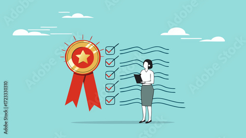 quality control concept vector illustration, businesswoman check product quality with set standard and quality icon. quality control or certified approval. product safety. guarantee checklist document