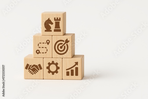 Wooden Blocks with Business Symbols in an Organized Stack on a Light Background