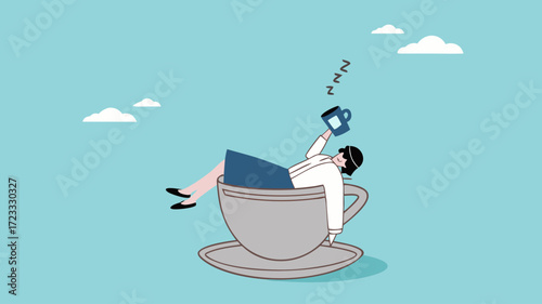 businesswoman fast asleep in a large coffee cup vector illustration. time to take a break concept. coffee break time to relax and refresh from long stress. exhausted worker relaxing in big coffee cup