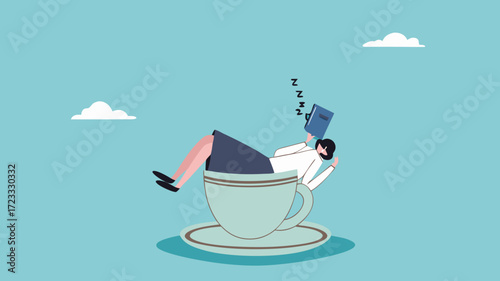 businesswoman fast asleep in a large coffee cup vector illustration. time to take a break concept. coffee break time to relax and refresh from long stress. exhausted worker relaxing in big coffee cup