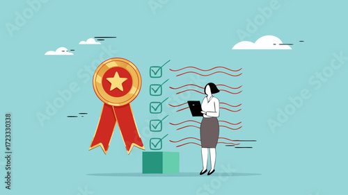 quality control concept vector illustration, businesswoman check product quality with set standard and quality icon. quality control or certified approval. product safety. guarantee checklist document