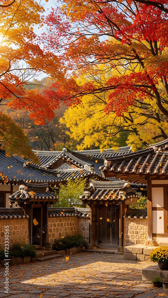 Obraz premium Autumn Scenery Capturing Traditional Korean Village Architecture with Vibrant Foliage