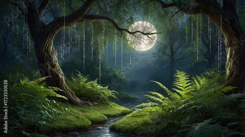 Enchanted forest at night with a full moon illuminating a serene stream and lush ferns