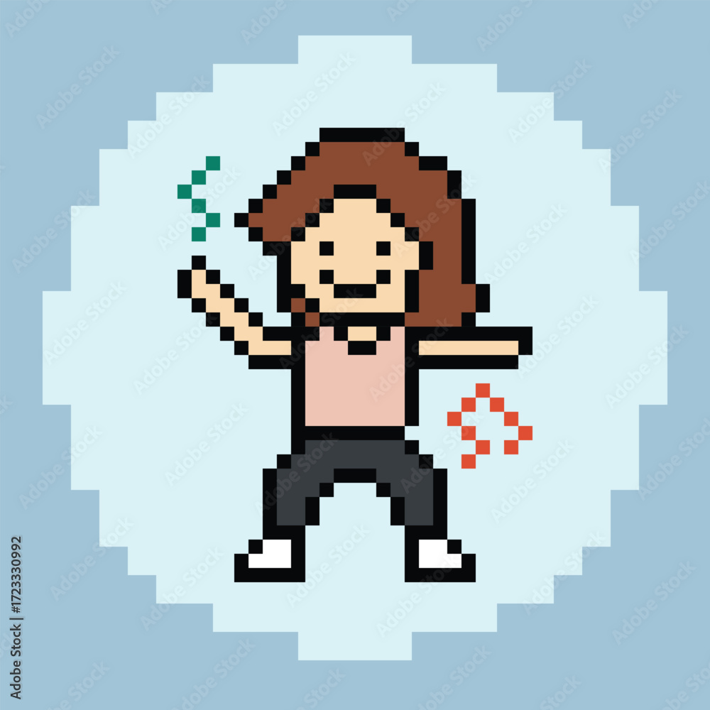 Obraz premium Cartoon pixel art character woman exercises training dance lifestyle music decoration life style 8 bit female girl dance with music game 8bit fitness isolated vector.