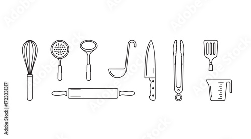 Collection of hand drawn kitchen utensils in a simple silhouette style