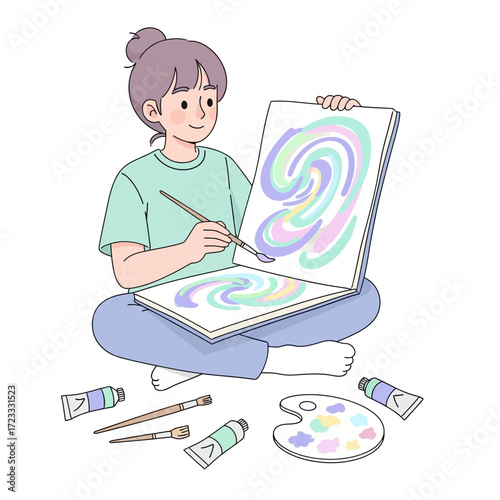 Artistic Expression A Young Woman Painting with Joy and Creativity, Surrounded by Art Supplies
