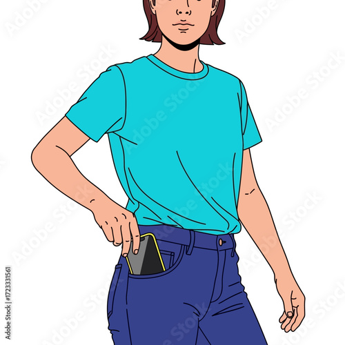 A young person carefully placing their mobile phone into the front pocket of their blue denim jeans, demonstrating everyday convenience and secure storage