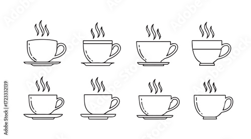 Collection of eight steaming coffee cups and saucers in a simple line drawing silhouette
