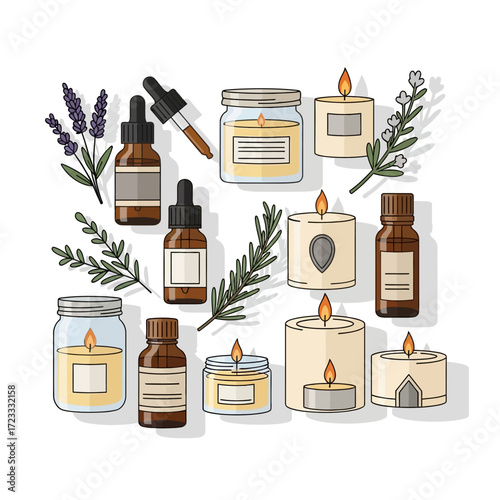 Natural aromatic wellness collection. Scented candles, essential oils, lavender, and rosemary create a calming ambiance for relaxation and self-care