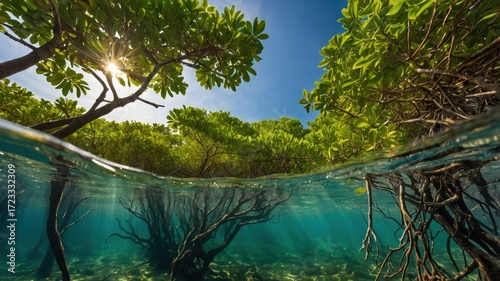 Serene underwater view of mangrove trees with sun rays filtering through clear water