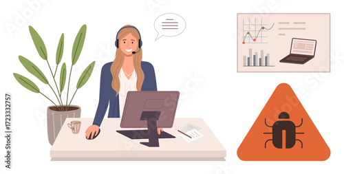 Woman at desk with headset, computer, chart on screen, and bug warning sign. Ideal for customer service, tech support, problem-solving, bug fixing IT issues communication productivity. Simple flat