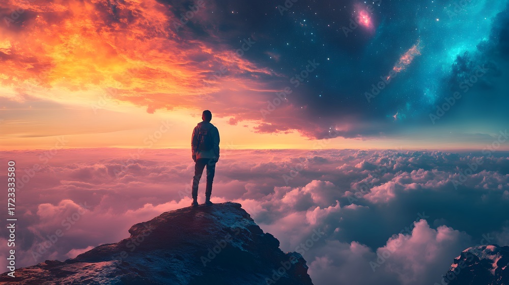 Fototapeta premium Person Silhouette on Mountaintop Sunset Cloudscape Starry Sky