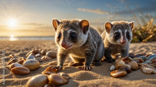 Two adorable marsupials exploring a sandy beach at sunset, surrounded by seashells and ocean waves