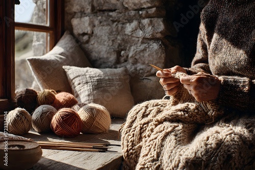Hands knitting wool sweater with dexterous fingers weaving creamy yarn near rustic stone hearth.