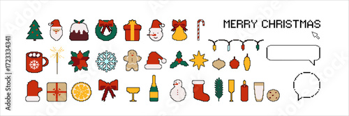 Set of pixel art design Merry Christmas icons Vintage 8 bit speech bubbles and Xmas symbols. Happy New Year collection in retro video game style
