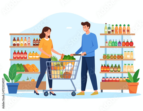 A couple shops for groceries in a supermarket, pushing a cart filled with fresh produce and other items.