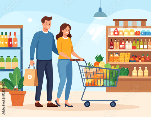 A young couple shops for groceries in a supermarket, pushing a shopping cart filled with fresh produce and carrying a shopping bag.