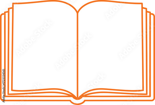 A simple orange line art icon of an open book with blank, empty pages, isolated on a white background.
