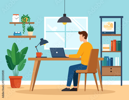 Illustration of a man working on a laptop at a desk in a bright, modern home office setting.