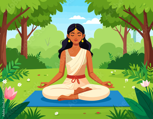 A woman in traditional Indian clothing meditates in a lotus position on a blue mat in a lush green park.