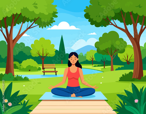 A woman meditates in lotus position on a mat in a peaceful park setting with trees, grass, and a bench.