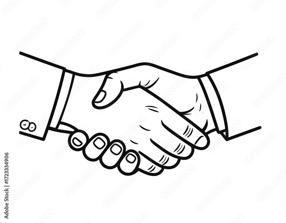 Fototapeta premium Illustration of a handshake between two people, symbolizing agreement or partnership in black and white.
