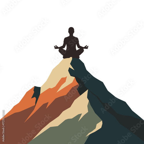 Meditative silhouette on a vibrant abstract mountain peak, symbolizing profound peace, personal achievement, spiritual journey, and the pursuit of inner tranquility