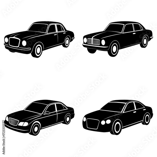 Four black sedan cars in different styles and angles on a white background in a vector illustration