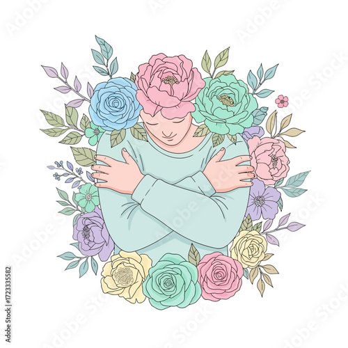 Woman Embracing Self Surrounded by Pastel Flowers Illustration