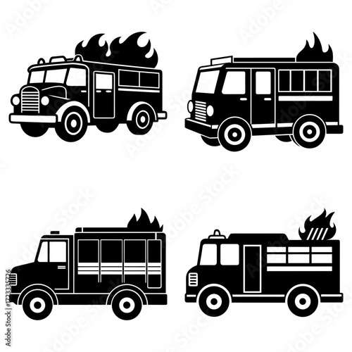Four fire trucks in silhouette with flames emanating from the vehicles in a vector graphic design