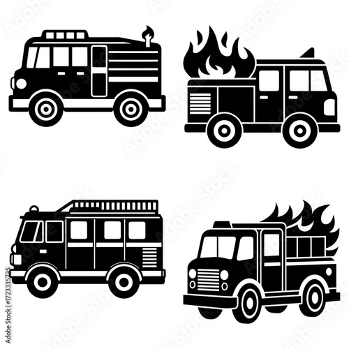 Illustration showing four black and white cartoon fire trucks with flames and ladders on a white background