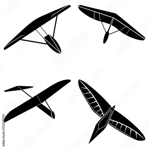 Illustration showcasing four hang gliders and airplanes with different wing configurations in black and white