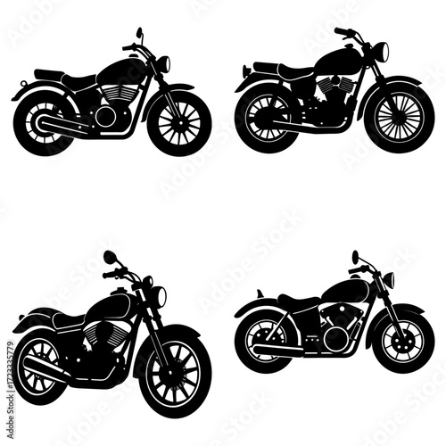 Silhouette illustration showcasing four classic motorcycles in varying poses and arrangements on a white background