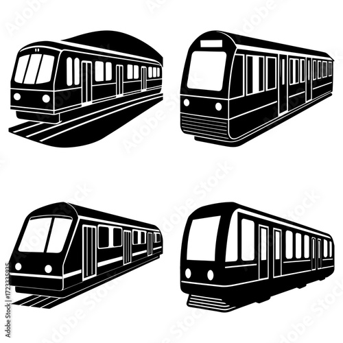 Four different subway train designs in black and white illustration with varying perspectives and styles