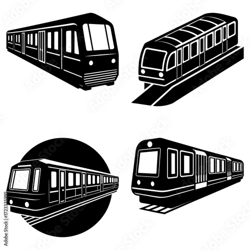 Four black and white illustrations of trains in various perspectives and orientations on a white background